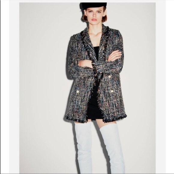 New Zara Tweed Coat Pearl Buttons Frayed CoCo Chanel Style - Picture 10 of 14